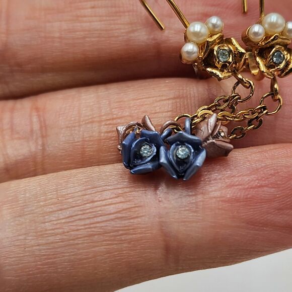 Vintage Dangle Blue Pink Flowers Faux Pearl Lever Back Earrings Feminine Dainty - Picture 4 of 6